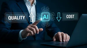 Geschäftsmann nutzt künstliche Intelligenz (KI) am Laptop, um die Qualität von Unternehmensprozessen zu steigern und Kosten durch intelligente Automatisierung zu senken.
